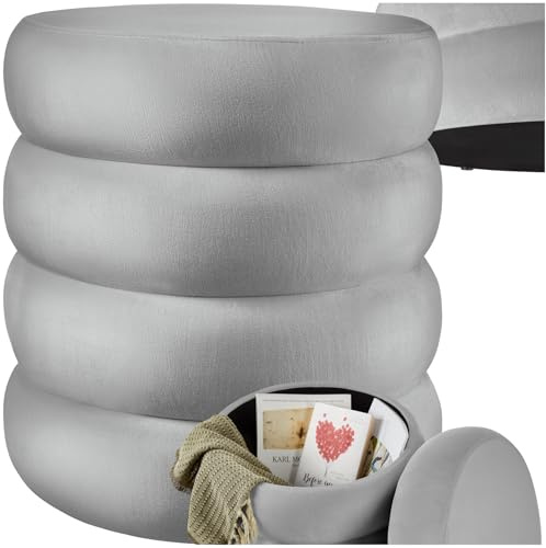 tectake® Pouf Contenitore, Sgabello Imbottito con Rivestimento Effetto Velluto, Stile Scandinavo per Camera e Salotto - Grigio, Ø 42 x 47 cm