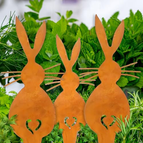 VOPIWOZ Ostern Gartendeko Rost, 3 STK Osterhasen Gartenstecker Rost, Osterdeko für Draußen, Osterhase Deko, Gartenstecker Metall für Gartendeko Balkon Deko und Terassendeko