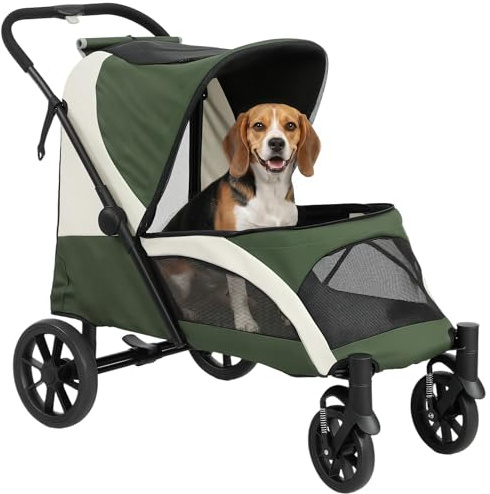 PawHut Dog Stroller Easy Folding for Medium Dogs 25 kg 4 Wheels Dark Green
