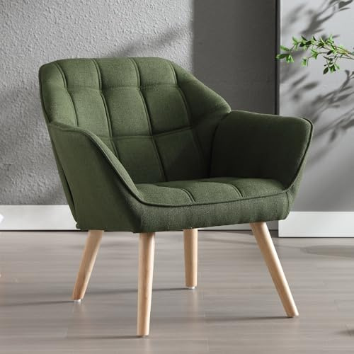Ya-Home Poltrona Imbottita Poltroncina Moderna in Tessuto di Lino Sedia da Salotto con Gambe in Legno Poltrone con Braccioli per Camera da Letto/Soggiorno, Verde