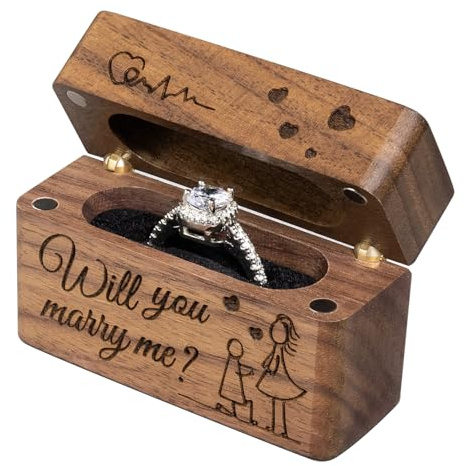 Wislist Wooden Engagement Ring Box for Proposal,Wedding,Walnut Wooden case for Little Slim Ring,Pocket Size Secret(Will you marry me)
