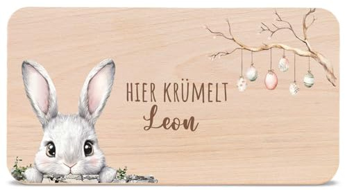 GRAVURZEILE - Oster-Frühstücksbrettchen aus Holz - Gartenhase - Personalisiertes Ostergeschenk mit Namen - Ostergeschenk für Kinder - Lebensmittelechter Druck (GreenGuard Gold) - Farbe: Gartenhase