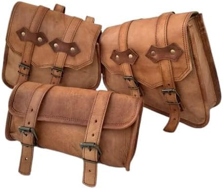 Handmade Panniers Luggage Leather Saddle Bags || Motorcycles Bike Power Sports Moped Accessories || Leather Dual Sport Motorcycle Left Right Two Side Bag with Tool Bag (Set of 3 Brown)