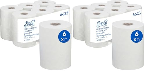 Scott® Control™ Slimroll™ Rollenhandtücher 6623, 1-lagige weiße Einweg-Handtücher, mit Airflex Technologie und EU Ecolabel Zertifizierung, 6 Papiertuchrollen x 165 m (insg. 990 m) (Packung mit 2)