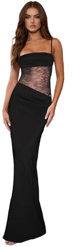 Sukiglam Vestito Lungo Donna Sexy Spaghetti Strap Abito in Pizzo Patchwork Estivo Senza Maniche Collo Quadrato Vestiti Elegante Aderente Maxi Abiti con Spacco per Sera Cerimonia Festa Cocktail