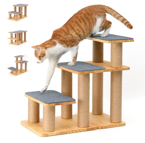 FUKUMARU Hundetreppe, 3 Stufen Haustiertreppe, Katzentreppe aus Kiefernholz und Jute，18-51cm einstellbare Höhe, Hält bis zu 90 kg, 6 Kombinationsmöglichkeiten zum Aufsteigen auf Betten & Sofas, Grau