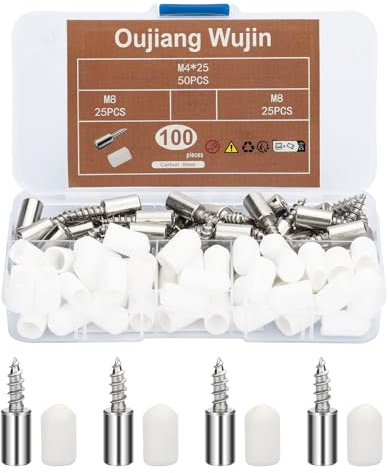 Oujiang Wujin 100 Stück M4 Schrauben mit Sortierbox, Regalbodenträger, Regalstützen mit Gummischutz Selbstschneidende Schraube Regalbodenträger, Einlegeboden Halter，Geeignet für Möbeltrennwände