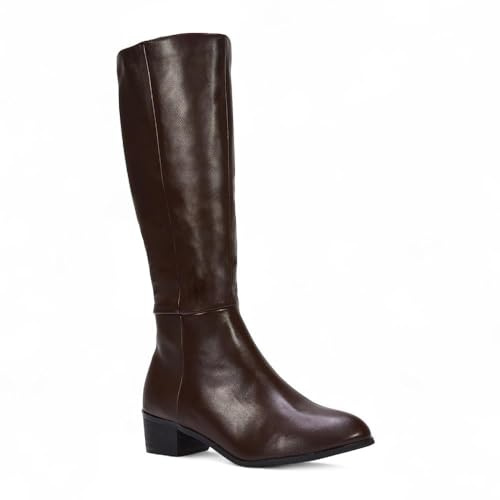 ESSEX GLAM Women's Knee High Boots Ladies Classic Block Low Heel Zip Western Brown Synthetic Leather Calf Riding Booties Size 7