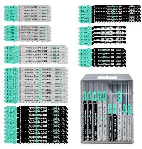 LEKOMESH 50 PCS Contractor Jigsaw Blades Set - Assorted T-Shank Jig Saw Blades for Wood, Plastic and Metal Cutting(T118A*5-T118B*5-T127D*5;T119B*5-T119BO*5-T101BR*10-T144D*10-T244D*5)