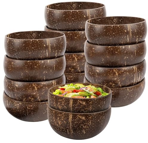 Cuencos de cáscara de coco, 14 piezas, madera natural, 382.7 g, rústico para batidos, ensaladas, aperitivos, regalos veganos, decoración de cocina, picnic, fiesta temática