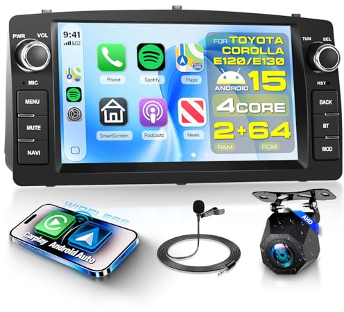 4 Core+64G Car Radio for Toyota Corolla E120 2003-2007/E130 2005-2008 Wireless Carplay Android Auto, 7 IPS Touch Screen Android Car Stereo with Bluetooth FM Radio WiFi GPS SWC Backup Camera