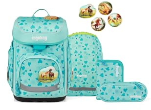 ergobag Schulranzen-Set cubo Set ReitBärtraum - Türkis | Ergonomischer Schulranzen klassisch 5-teilig für die 1. Klasse der Grundschule