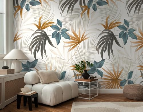 Livingwalls papel pintado mural panorámico tejido no tejido con diseño de hojas en beige, azul, marrón – papel pintado mural floral 8,80 m x 0,53 m – colección COSMOPOLITAN – 791451