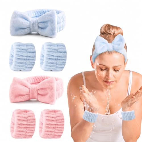 Ensemble bandeau et bracelet en velours corail doux - 18/34 cm - Rose et bleu - Pour soins du visage, maquillage, soins de la peau - Accessoires capillaires ultra absorbants