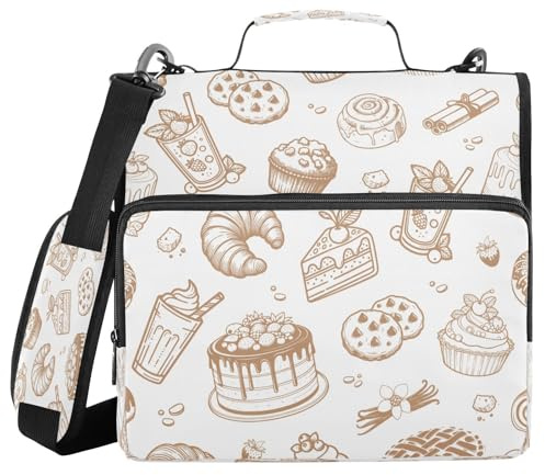 Borsa per raccoglitori a 3 anelli con cerniera per torte, formaggio, torta di mele, multi-tasche, con tracolla e manico, per scuola, lavoro, ufficio, biscotti, ciambelle