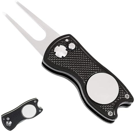 Funngy Golf Reparatur Pitchgabel,Pitchgabel Golf Set Edelstahl Faltbare Divot Reparaturgabel mit Magnetischem Ballmarker Pop-up-Taste und Double Prong Tragbares Golf Zubehör für Green und Platz