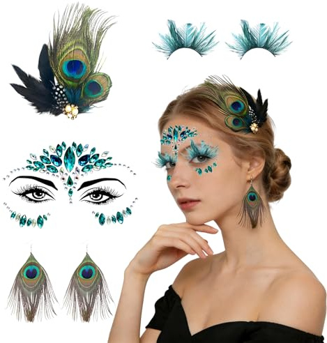 IWTBNOA Pfauen Kostüm Damen, 4 Stück Pfauenfeder Haarspangen mit Feder Ohrringe, Falsche Wimpern, Glitzersteine Gesicht, Accessoires Festival für Karneval Cosplay Themenparty Mottoparty Fasching