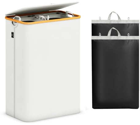 AdelDream 160L Wäschekorb mit Deckel, 2 Fächer Wäschesammler, Bambusrahmen | Wäschesortierer 2x80L, abnehmbarer Sack, atmungsaktiv, Beige