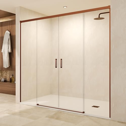 IMEX - Mampara Ducha Dos Puertas Oro Rosa Frontal 2 Fijas + 2 Correderas 160cm | Mampara de Cristal Reversible y Antical con Ancho Adaptable 156 a 161cm | Perfilería de Aluminio con 195cm de Altura