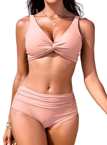 FemiChic Dam push-up bikiniset sexig V-ringad twist topp magkontroll baddräkt med justerbara remmar hög midja byxor badmode för strand och pool, ROSA, S