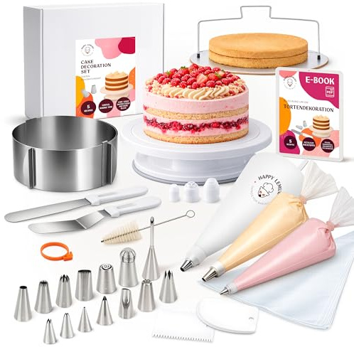 Happy Lemuro - Kit décoration gâteau avec Plateau tournant, Cercle à gâteau, Lyre Coupe-gâteau, Douilles INOX et Poche à Douille - Set d’Accessoires pâtisserie Polyvalent