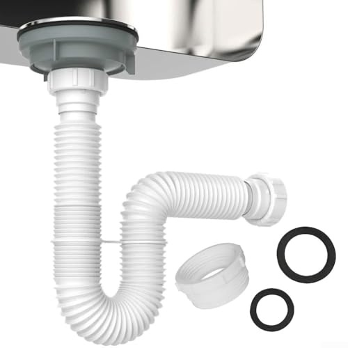 Tuyau de vidange d'évier 40 mm, kit de vidage flexible à double cuve avec adaptateur de siphon P de 3,8 cm, tuyau extensible blanc pour lave-vaisselle