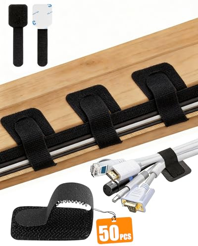 Acual Organizador de Cables Escritorio 50 Piezas, Gestión de Cables Debajo con Cierre de Gancho y Bucle, Ordenar Cables Adhesivo Fuerte, Cable Management Under Desk en Oficina, Hogar, PC y TV - Negro