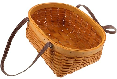 VALICLUD Cestino Intrecciato Manico in Legno e Pu Resistente all’Usura, Cestino Portaoggetti Rustico per Picnic, Frutta e Conservazione, per Viaggi e Decorazioni Casa