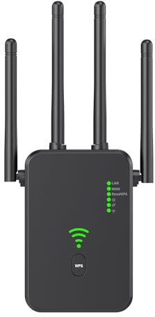 WLAN Verstärker, 300Mbps WLAN Repeater WiFi Extender, WLAN Extender Signalverstärker, 4 Antennen WiFi Range Extender, Ethernet-Anschluss, Zugangspunkt, 1-Tasten-Einrichtung (Schwarz)