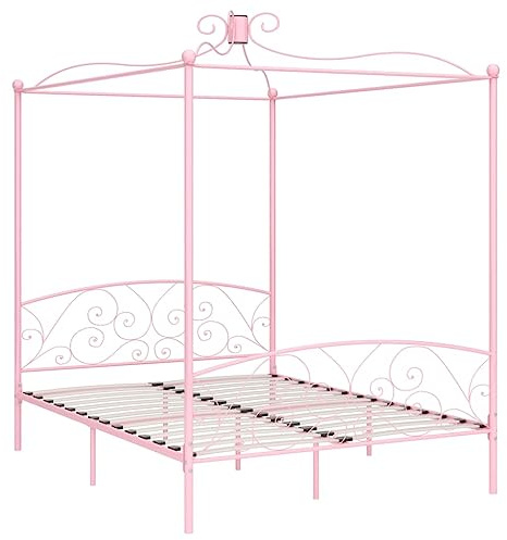 toolkix Himmelssäng i metall, rosa, 180 x 200 cm, dubbelsäng med ribbotten, stabil sängram, lämplig för madrass, elegant design för sovrum, med gardinramar och förvaringsutrymme