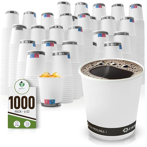 Lot de 1000 Gobelets Jetables en Carton Blanc 6 oz / 18 cl – Tasses à Café Jetables pour Café, Thé et Boissons Chaudes, Résistants à la Chaleur, Idéals pour Professionnels, Bureaux et Événements