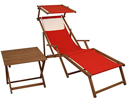 Liegestuhl rot Fußteil Sonnendach Kissen Tisch Gartenliege Holz Sonnenliege Buche 10-308FSTKH