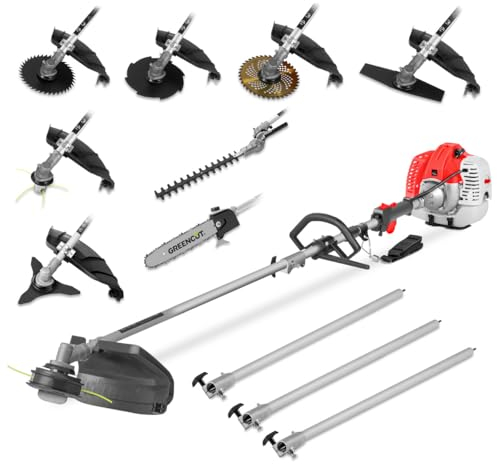 GREENCUT GM650X-9 - Decespugliatore multifunzione 9 in 1, motore a benzina a 2 tempi da 65cc 4,9 CV, 9 accessori, funzione decespugliatore + potatore + tagliasiepi