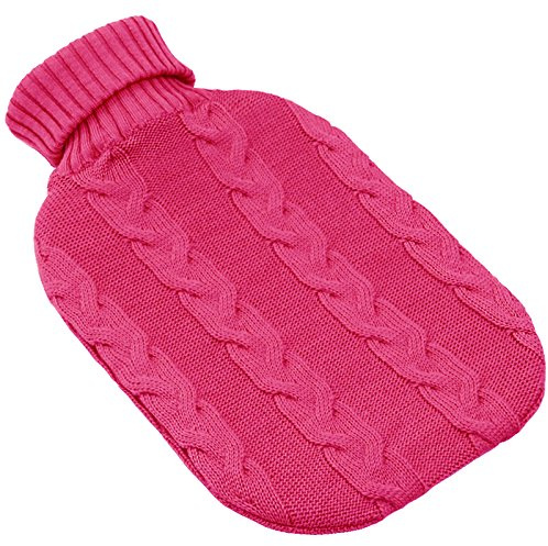 Wärmflasche mit Bezug pink aus extrafeiner Merinowolle/Zopfmuster / 2 Liter/Made in Germany