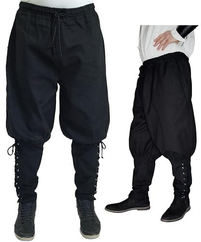 Mittelalter Hose mit Taschen und Schnürung Wikinger Kelte, schwarz, Größe:L