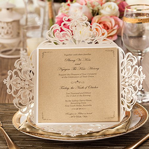 Hosmsua 50PCS Elfenbein Hohle Rose Hochzeit Einladungskarten mit Umschlägen, Laser Schnitt Einladungen für Hochzeit Brautdusche einladen