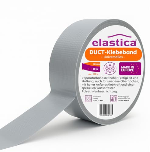 elastica Panzertape Grau 48mm x 50m - Duct Tape - Gewebeklebeband Reparatur und Versiegelung - Panzerband Extra Stark Wasserfest - Gewebeband für Innen & Außen - hohe Festigkeit (150µm/70N/25mm)