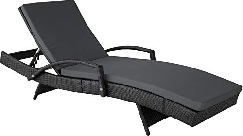 TecTake® Lettino Prendisole in Rattan, Struttura in Alluminio, Schienale Regolabile, Cuscino lettino Imbottito Incluso, Lettino Ideale per Giardino, Piscina e Terrazza, Portata 150 kg - Nero