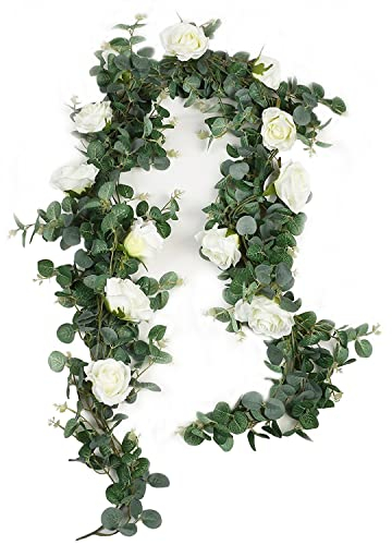 Famibay Artificial Eucalyptus Garland with Roses 1Pc 5.9Ft Greenery Garland Eucalyptus Leaves for Table Wedding Arch Backdrop Wall Decor