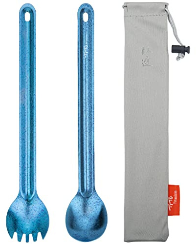 Titan Camping Besteck Spork/Löffel,Outdoor Titan Löffel und Spork mit Langen Griff Tragbare Ultraleichtes Besteck Wiederverwendbare für Picknick mit Aufbewahrungstasche Rucksackreisen
