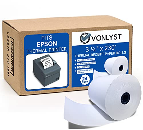 3 1/8 x 230 Thermal POS Rolls for Epson Printers, BPA Free Thermal Printing Compatible with TM-T88 TM-T70 TM-T80 TM-T85 TM-H6000 T90 Series, Credit Card Machine & POS Printer Supplies, Pack of 24