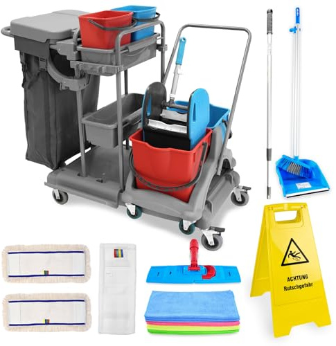 Hypafol Putzwagen Reinigungswagen Set | 2 x 18 l Eimer mit Wischmopp-Presse | Kehrgarnitur mit langem Stiel | 2X 40cm Baumwoll Wischmopp, 1x Mikrofaser-Mopp, 12 Mikrofasertücher | Warnschild