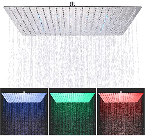 Cesinkin - Cabezal de ducha LED, 40 x 40 cm, cromado, cuadrado, cuadrado, fijo, cabezal de ducha ultrafino, alta presión, chorro de lluvia, cabeza de acero inoxidable