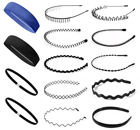 Haarreif Herren Haarband Herren Haarreifen Damen Männer 14 Stk Unisex Metall Haarband Schwarz Rutschfestes Elastisches Welle Stirnband Zubehör Sport Headband Haarschmuck für Yoga Partys Konzerte