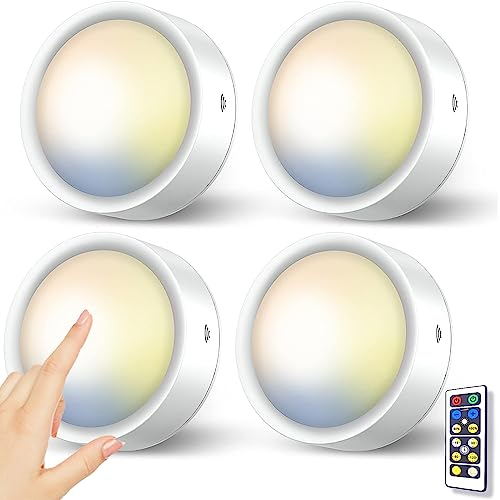 Luz Armario con Mando a Distancia, 3 Colores Luces Vitrinas LED Sin Cable Foco LED Pilas Interior Regulable Luces Bajo Mueble Cocina Adhesivo Luz Nocturna con Pulsador Lámpara Escalera Inalambrica