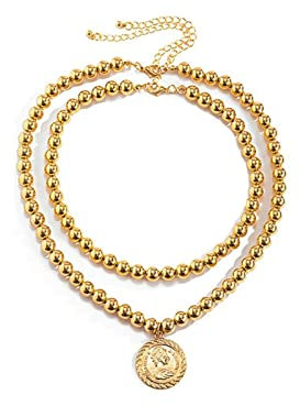 2 Layer Dainty Layered Necklace Women, Coin Pendant Ball Chain Gold Chain Necklace Chunky