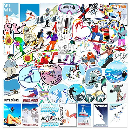 Barisc Vinyl Stickers of Skiing, 50-Pack Durable Sport Decals of Skier for Skateboard Snowboard Laptop Water Bottle Computer Guitar Bicycle Car Bumper, Graffiti Stickers for Kids Teens Boys Girls