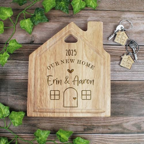 eBuyGB Personalised Our New Home House Board, Couples House Warming Chopping/Cutting Board, Moving House Gift, First Home with Matching His & Hers Keyring Option