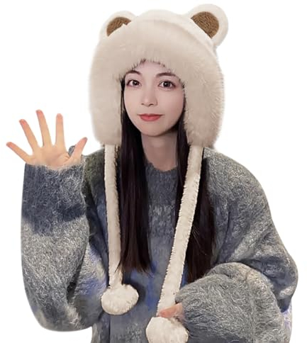 IPENNY Mädchen Bär Bärenohren Wintermütze Plüsch Flauschige Trappermütze Warm Süßer Hut Ohrenklappen Earflap Mütze Mädchen Mütze Bommel Beanie Kuschelige Ohrenschützer Mütze