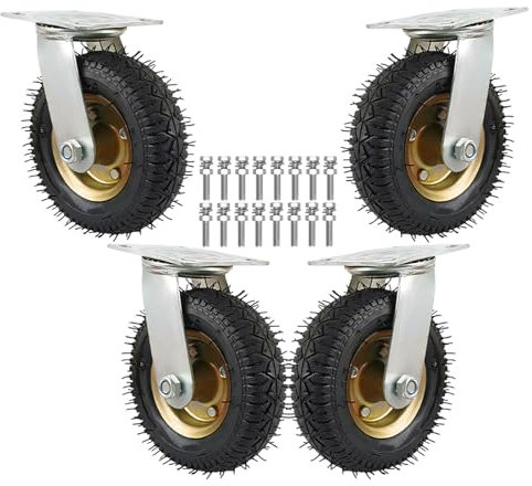 4 Stück Strapazierfähige Lenkrollen, 6/8/10 Inch Transportrollen Abriebfest Langlebig Leise Gummirollen 600Kg Gesamtkapazität 360 Grad Drehbar Luftreifen Rollenlager Plattformwagen